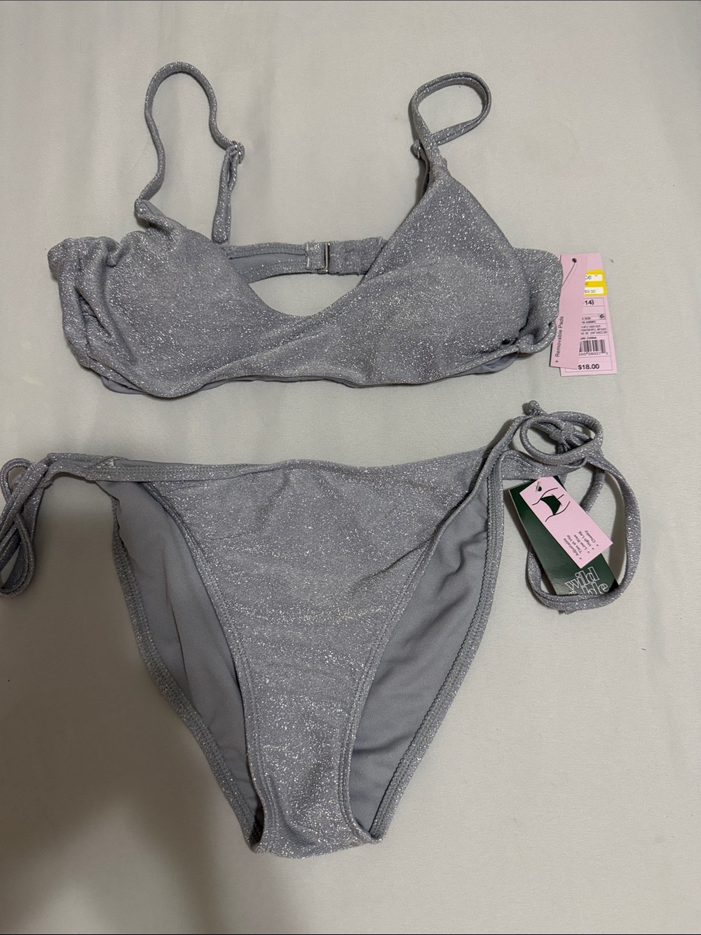 Wild Fable Silver Shimmer Tie-Side Bikini Set Large NWT